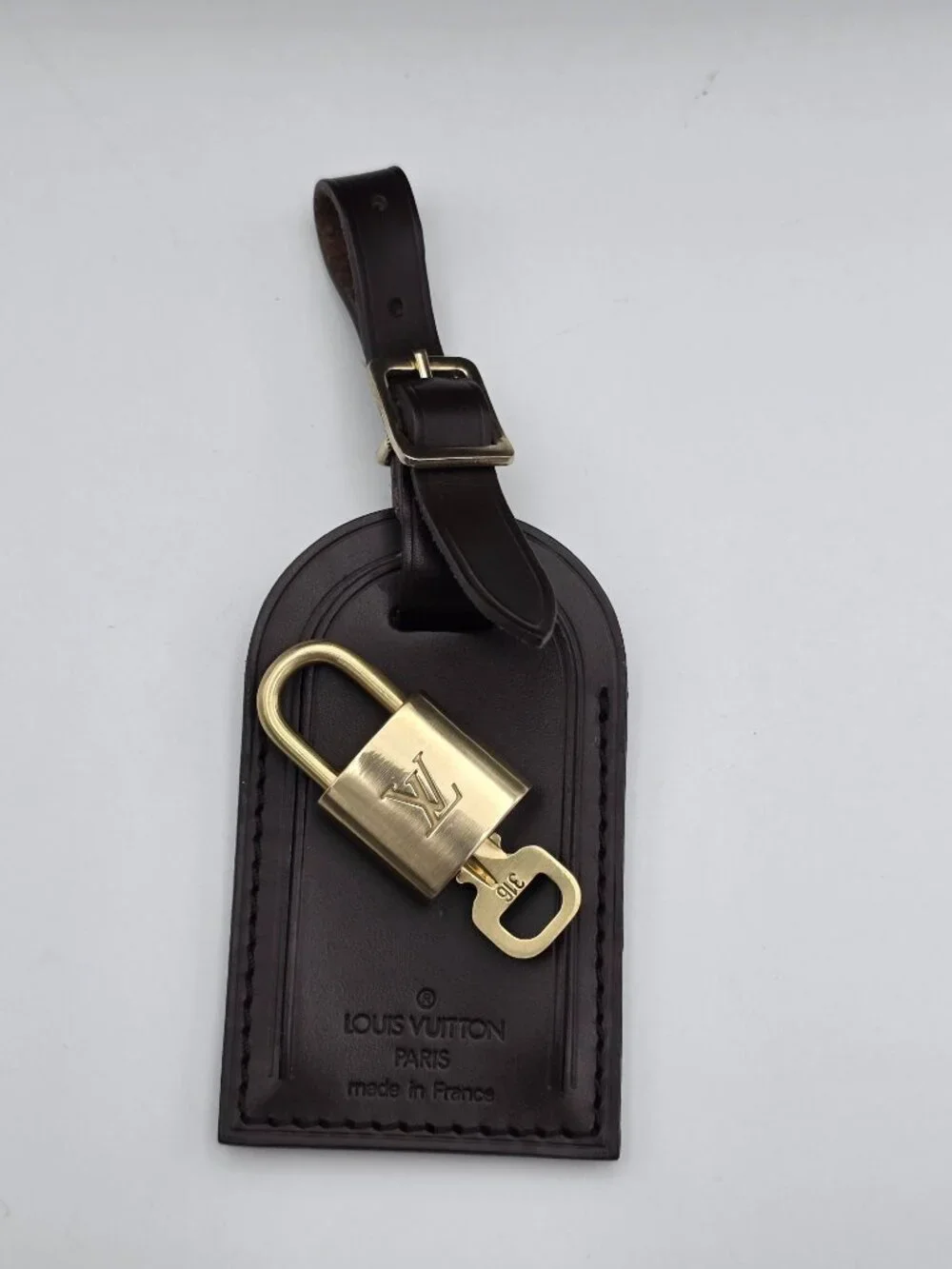 Authentic Louis Vuitton Brown Luggage Tag & Gold Padlock with Key-Made in France